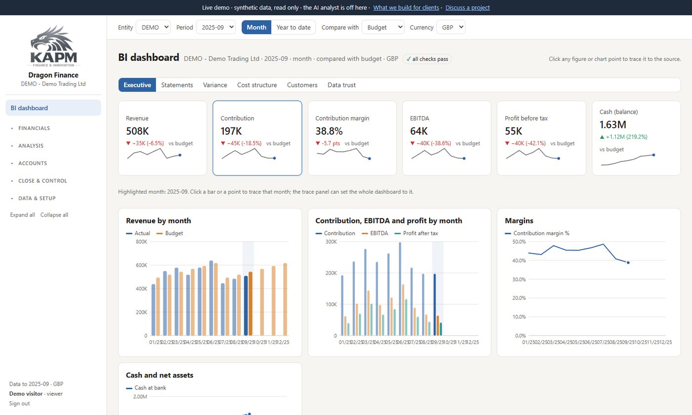 Executive dashboard with KPI cards and monthly charts